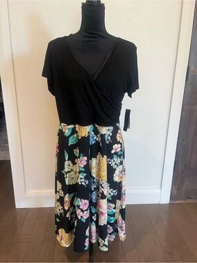 City Studio 1X Black Surplice Top Floral Midi Dress NWT